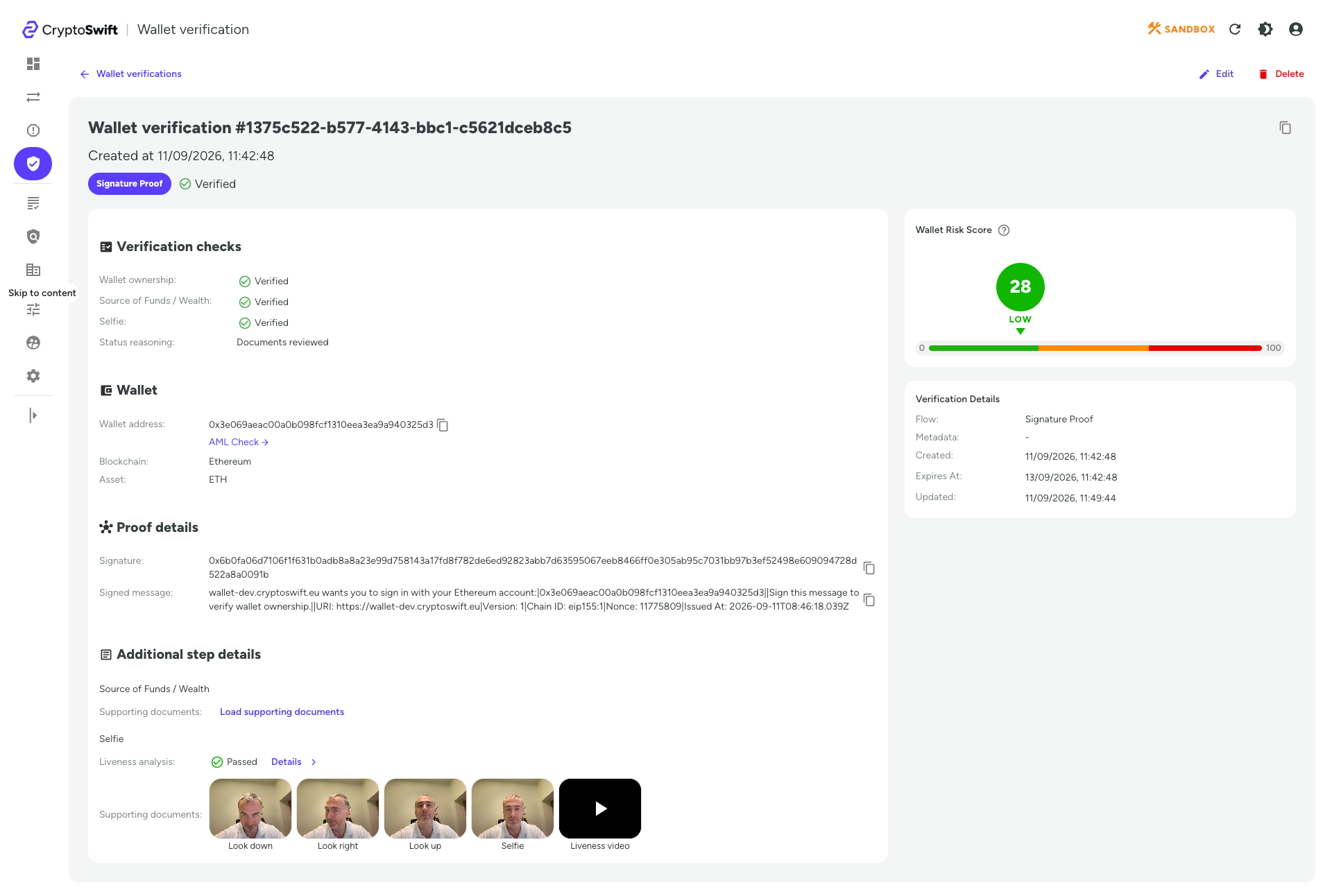 Completed wallet verification with wallet ownership, Source of Funds or Wealth, and Selfie verified